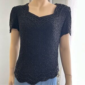 Vintage 80’s black beaded evening blouse Côte d’Azur women’s large silk‎ top